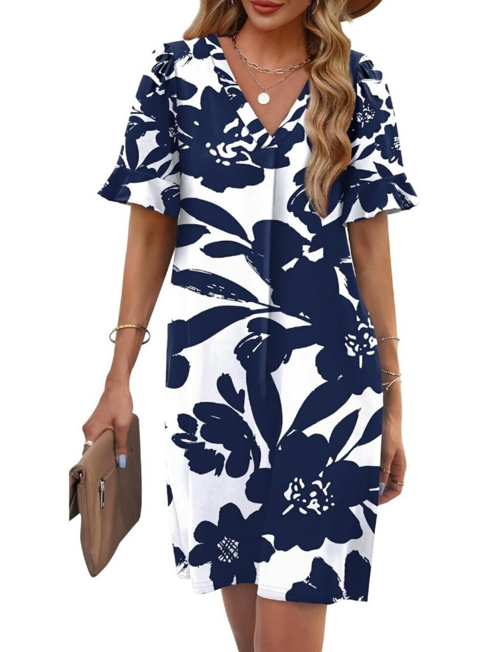 Women's Pattern Floral White Ruffle Short Sleeve V Neck Casual Shift Mini Dress - Picture 2 of 5